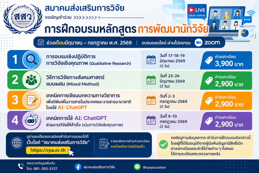 💻 ขอเชิญเข้าร่วมการฝึกอบรมหลักสูตรการพัฒนานักวิจัย (รูปแบบออนไลน์ผ่าน Zoom) โดย สมาคมส่งเสริมการวิจัย